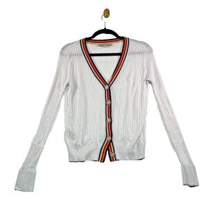 LOFT Women's Sweater Rainbow Trim V-Neck Cardigan S Lightweight Preppy Pride